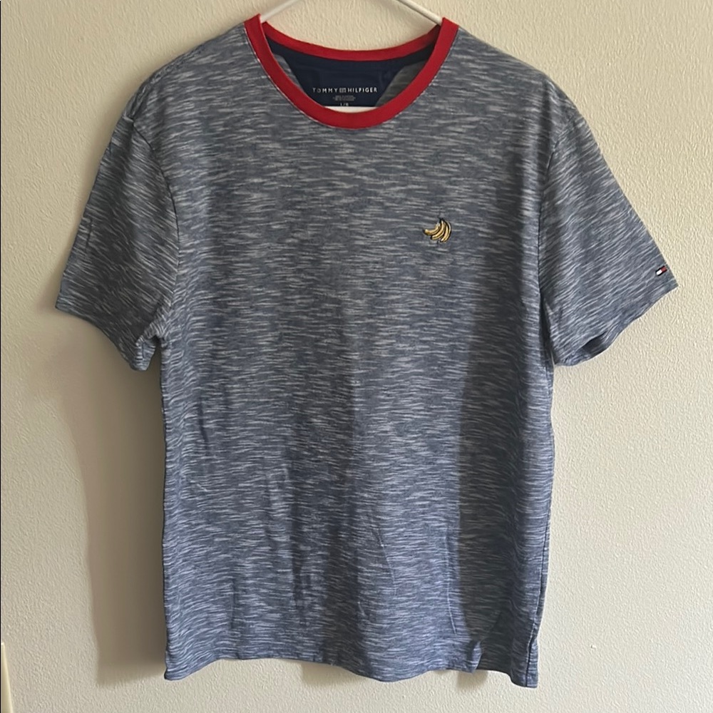 Tommy Hilfiger Blue/White ..Red Collar Bananas Embroidery Short Sleeve Tee Shirt